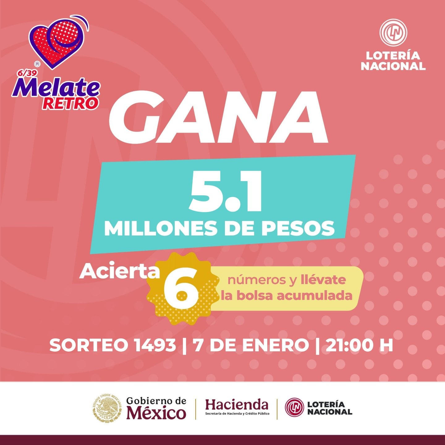 Resultados Sorteo Melate Retro 1493 de Lotería Nacional: Estos son los números ganadores