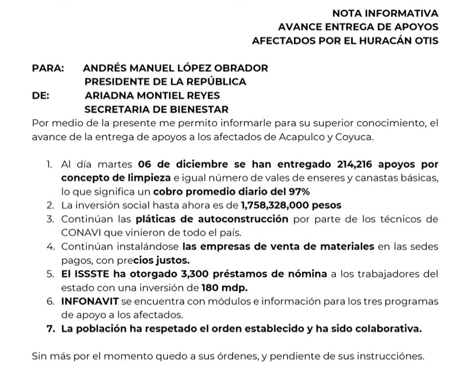 Avances de entrega de apoyo a damnificados en Acapulco