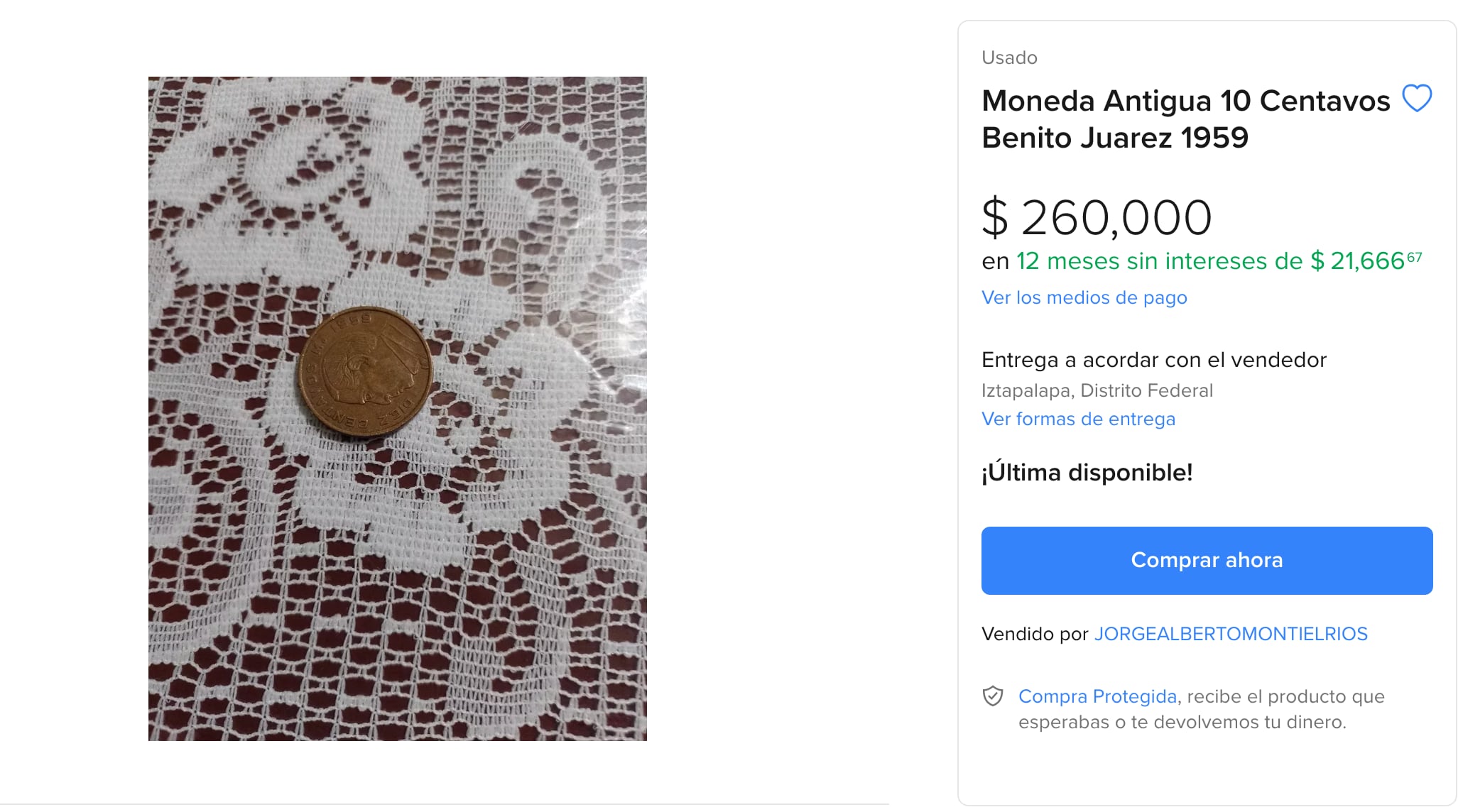 Moneda de 10 centavos en 260 mil pesos