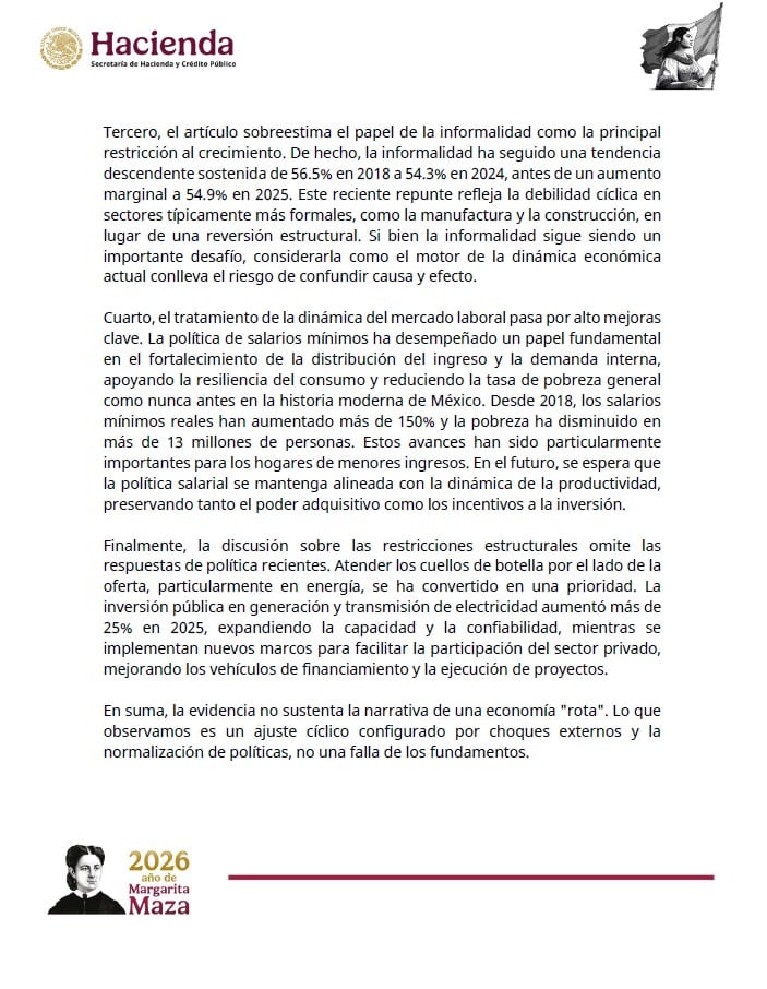 Comunicado de la SHCP sobre crítica de The Economist.