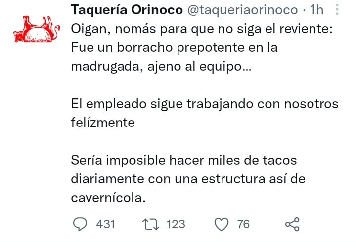 Tuit de Taquería Orinoco eliminado