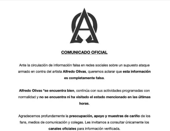 Manager de Alfredo Olivas niega que el cantante haya vivido un atentado.