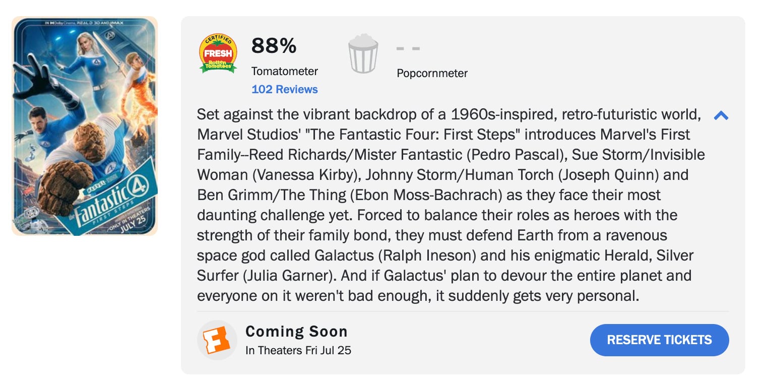 Los 4 fantásticos: Primeros pasos tiene un increíble debut en Rotten Tomatoes