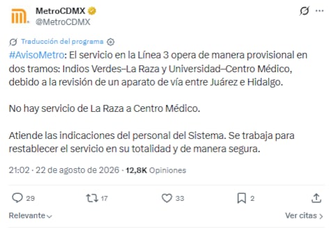 Metro CDMX activa servicio provisional en L3: siete estaciones están cerradas