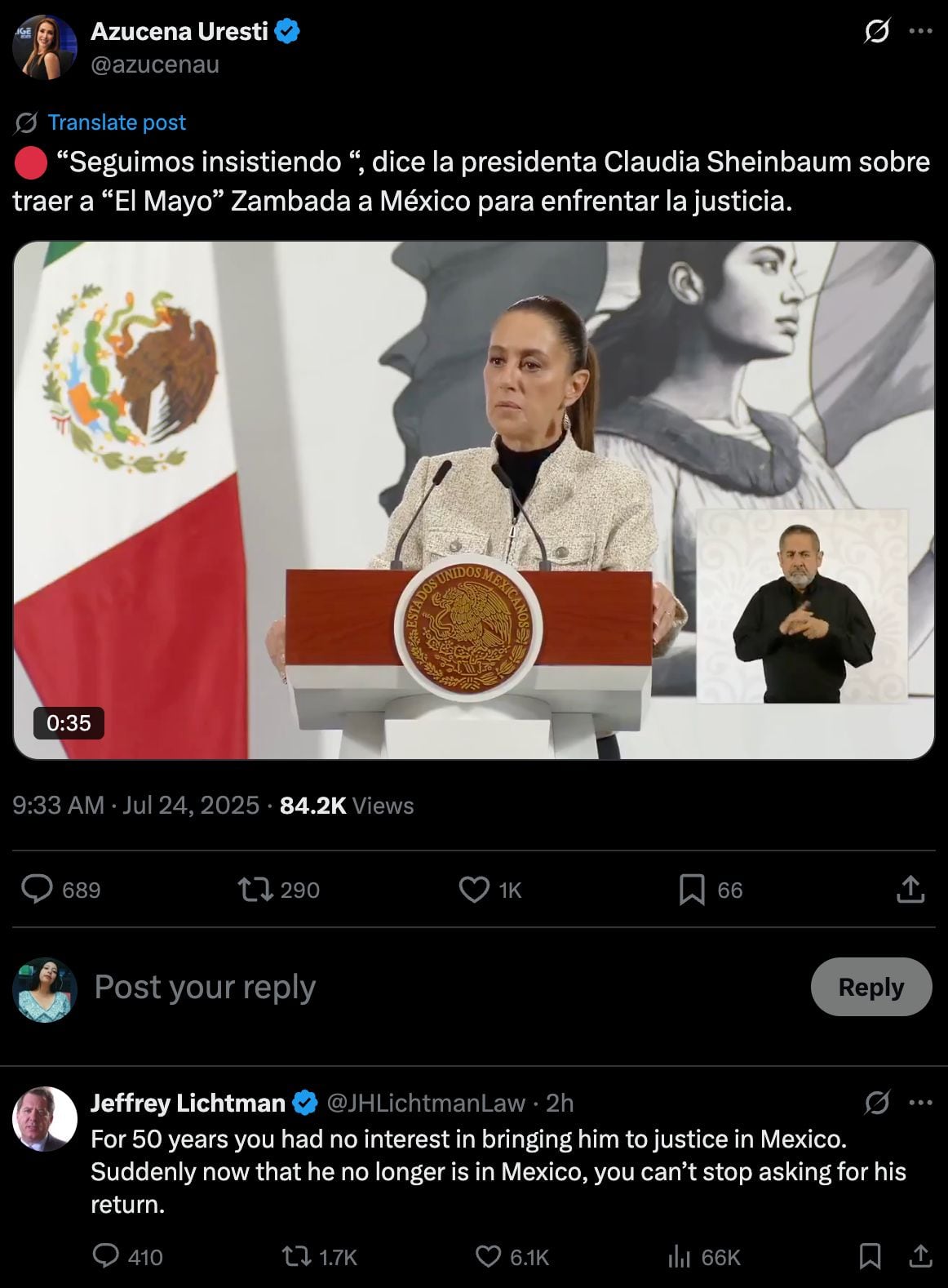 Jeffrey Lichtman critica de nuevo a Claudia Sheinbaum por tema de el Mayo Zambada.