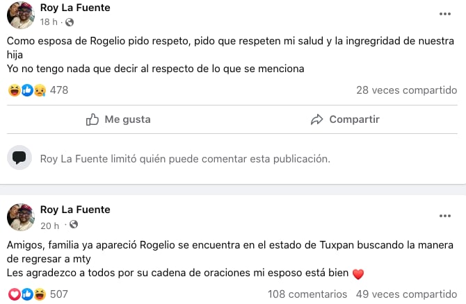 Esposa de Rogelio Martínez da declaraciones luego de que fue encontrado.
