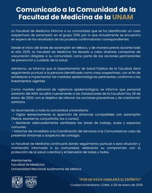 Posible contagio de sarampión en la Facultad de Medicina de la UNAM