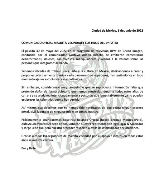 Comunicado de la Maldita Vecindad sobre  demanda de viuda de Sax.