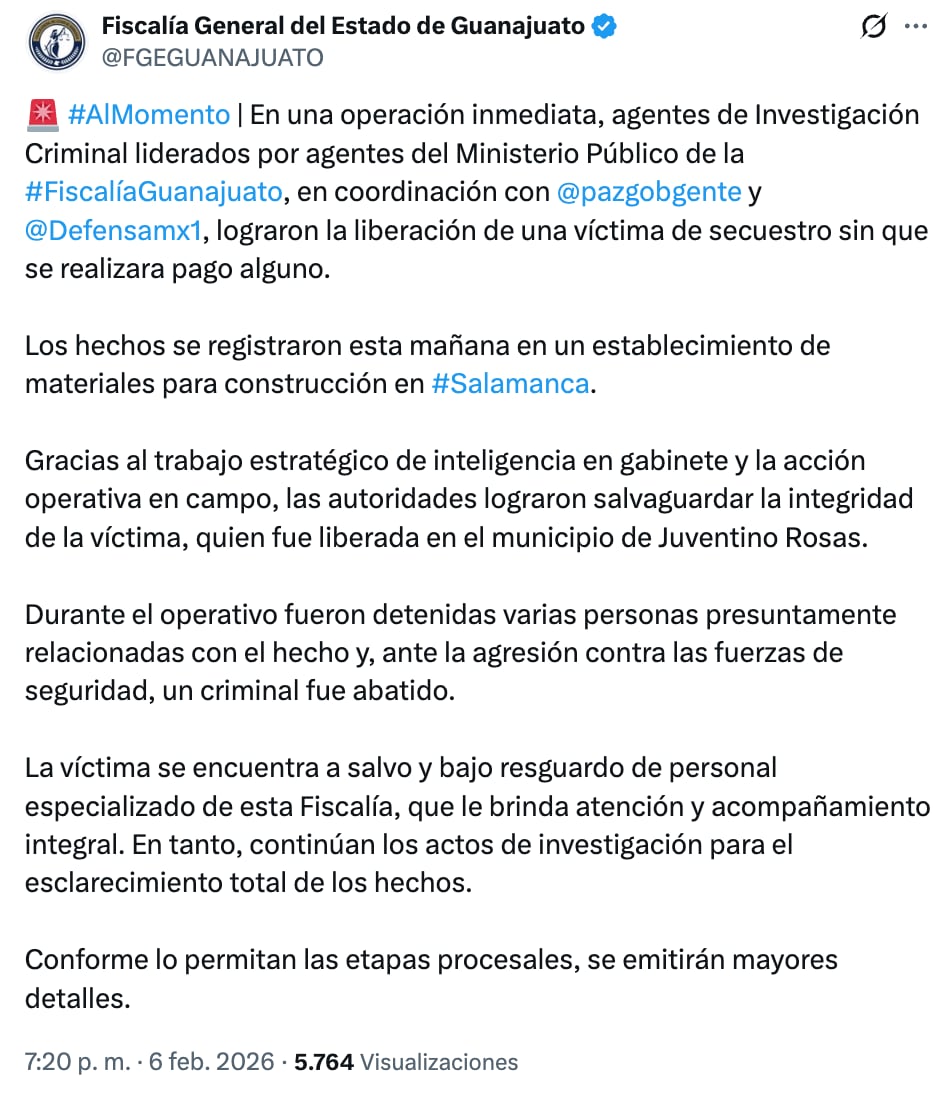 Fiscalía de Guanajuato informa rescate de Gerardo Arredondo