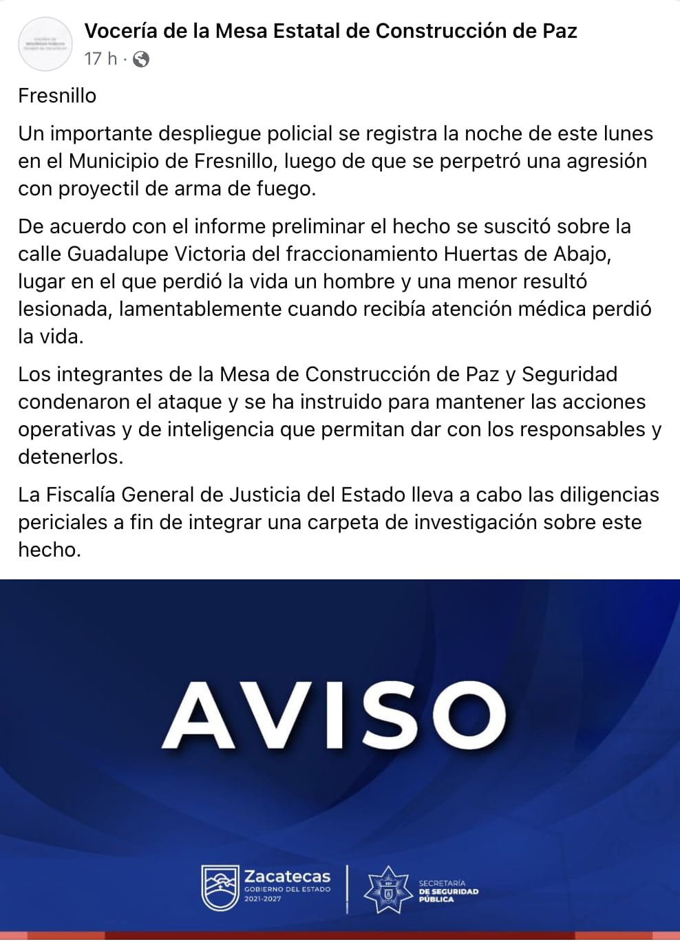 En Zacatecas matan a niña de 5 años y a su papá en ataque armado