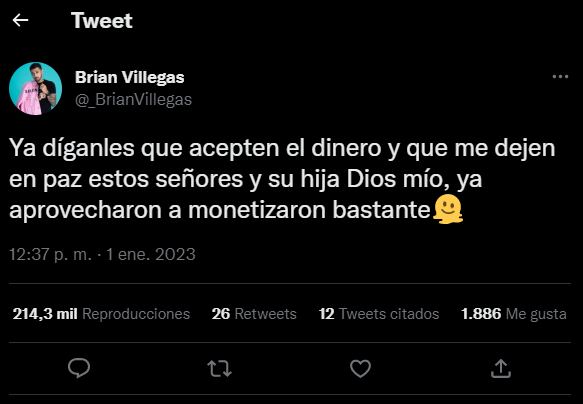 Brian Villegas acusa a Yeri Mua y a los padres d ella de no querer aceptar el dinero que les debe