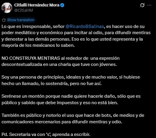 Citlalli Hernández niega boicot y responde a críticas de Salinas Pliego