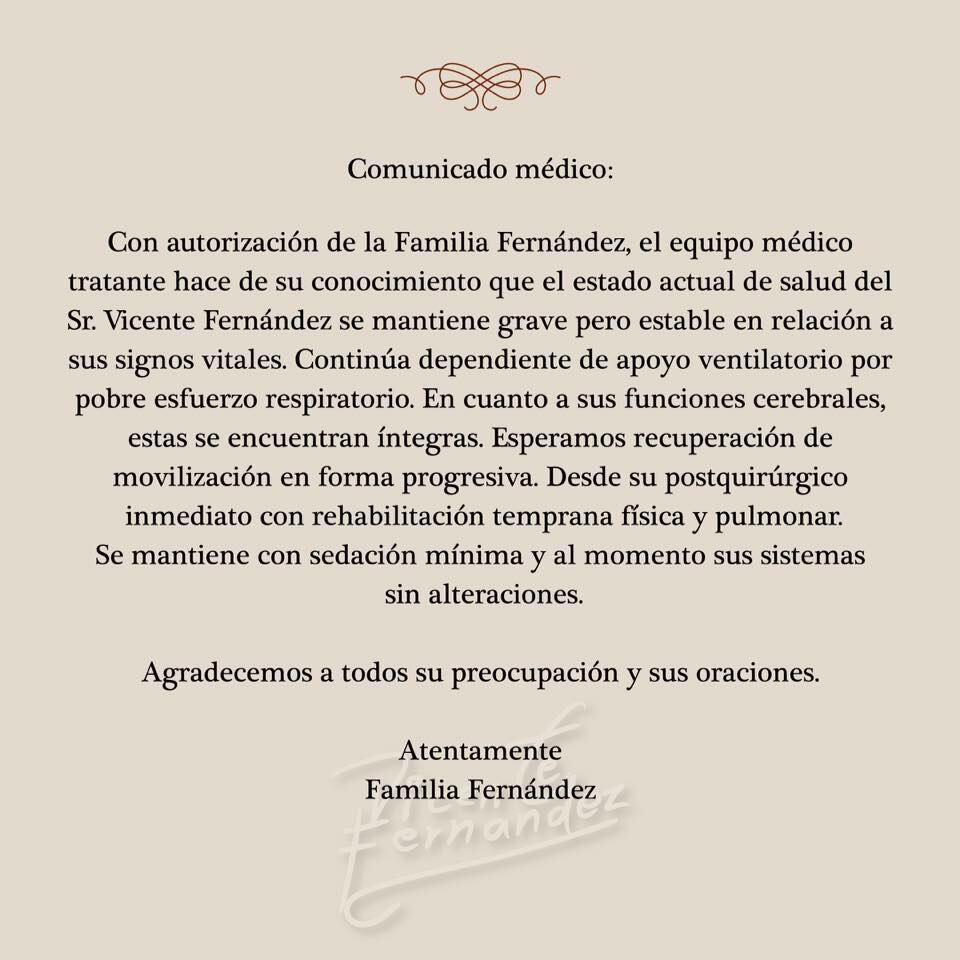 Comunicado sobre Vicente Fernández