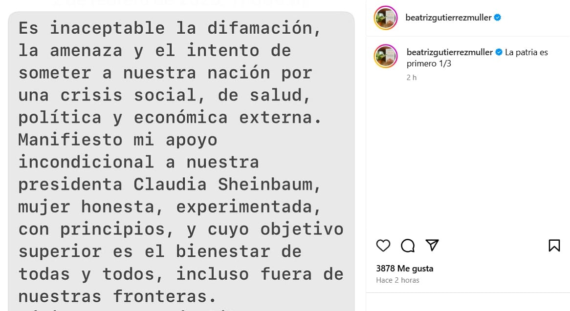 Beatriz Gutiérrez Müller respalda a Claudia Sheinbaum tras señalamientos de Donald Trump: “Presidenta, no está sola”