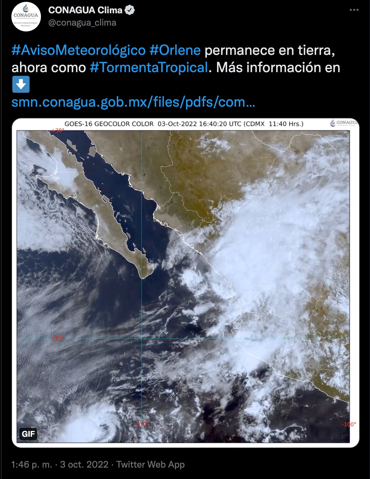 Huracán Orlene se degrada a depresión tropical