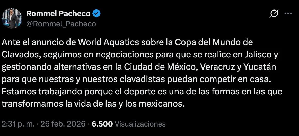 Rommel Pacheco impulsa cambio de sede para la Copa Mundial de Clavados.