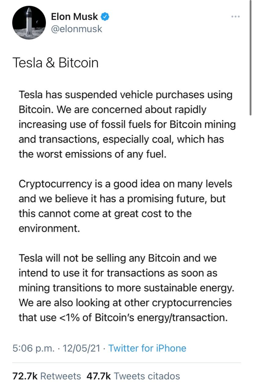 Elon Musk sobre la decisión de Tesla al rechazar el pago con Bitcoins