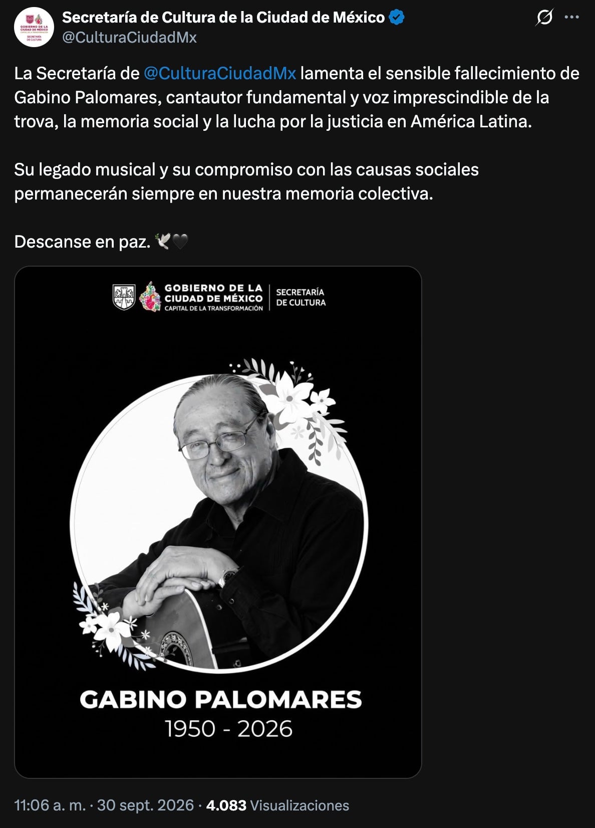Secretaría de Cultura de la CDMX confirma muerte de Gabino Palomares