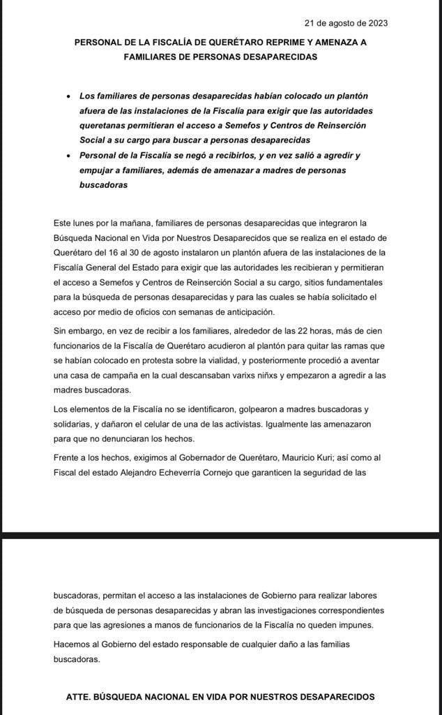 Madres buscadoras fueron agredidas por Fiscalía de Querétaro