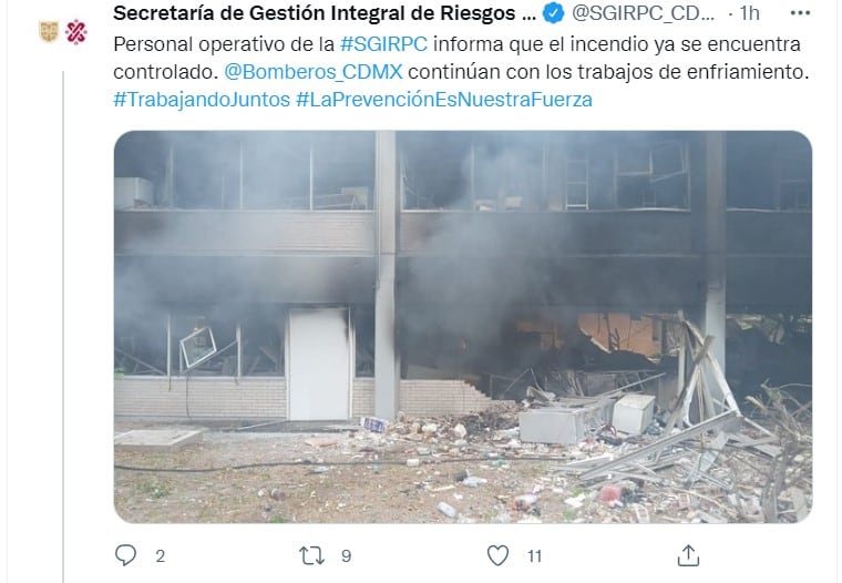 Tuit de la SGIRPC sobre explosión en la FES Zaragoza