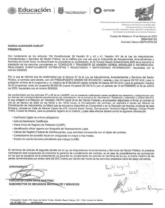 Canal Once paga 9 mil pesos por programa a Hamlet Almaguer