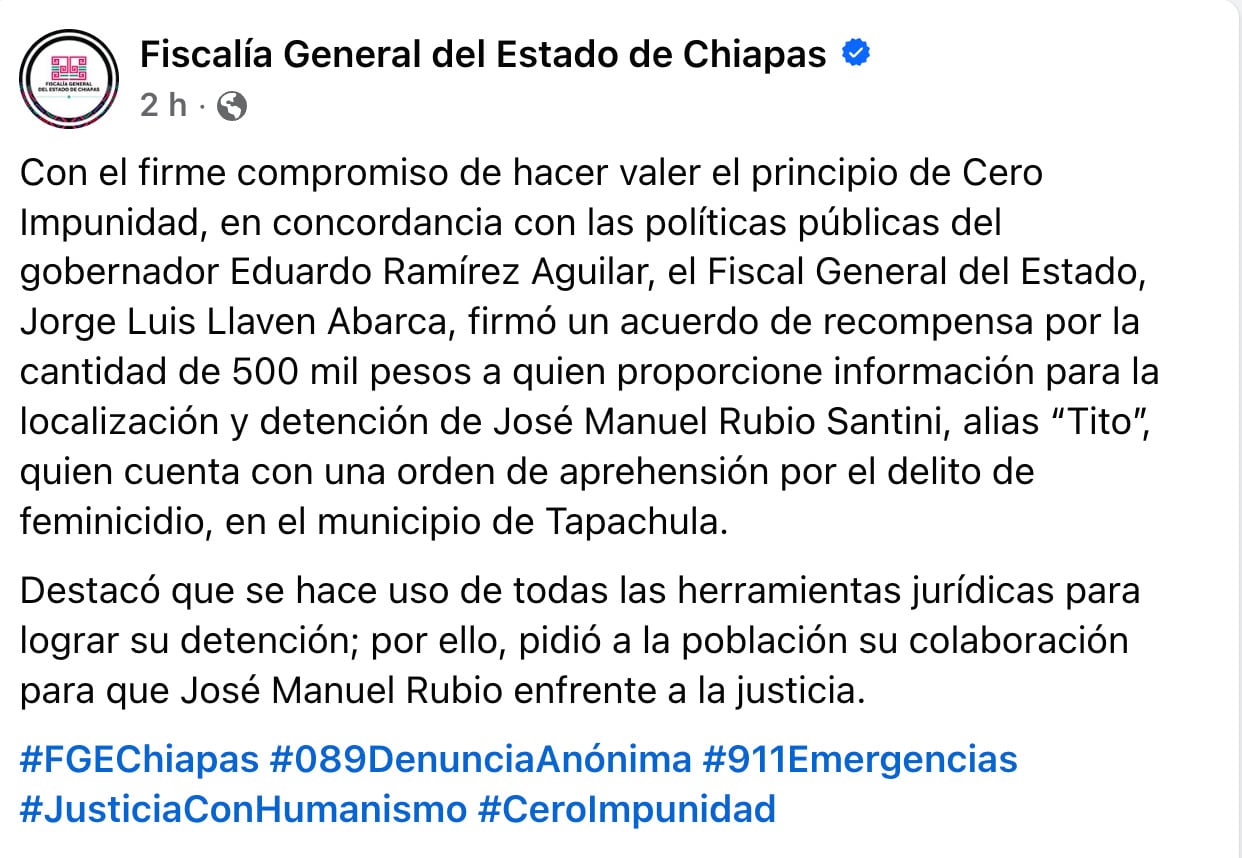 Fiscalía de Chiapas ofrece recompensa por feminicida de Beany Lozano, José Manuel Rubio