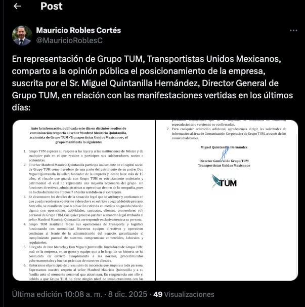 Grupo TUM asegura que sus servicios logísticos operan con normalidad
