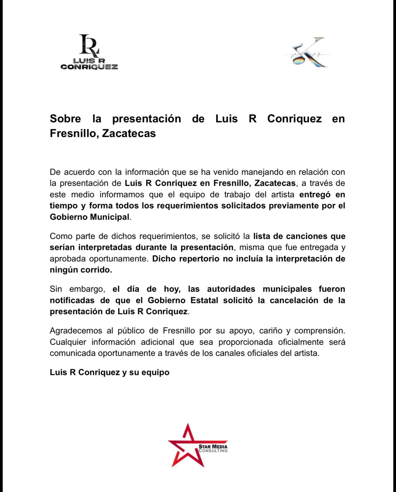 Comunicado sobre la cancelación del concierto de Luis R Conriquez en la Feria Nacional de Fresnillo 2026.