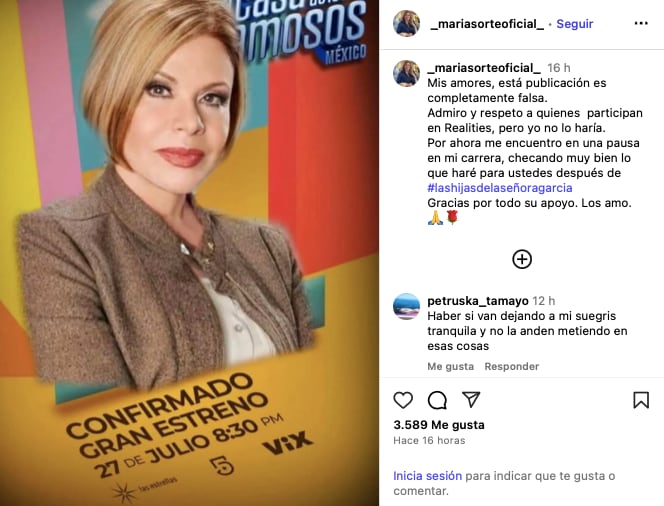 María Sorté desmiente ingreso a La Casa de los Famosos México 2025