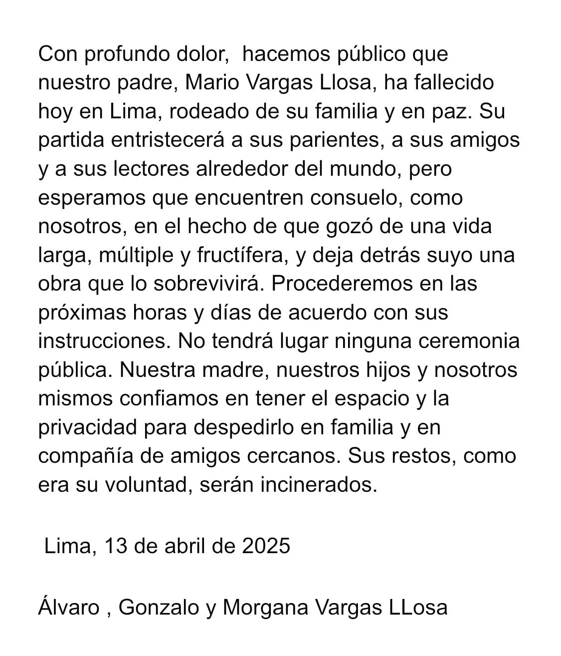 Muere Mario Vargas Llosa, escritor peruano y premio Nobel de Literatura, a los 89 años