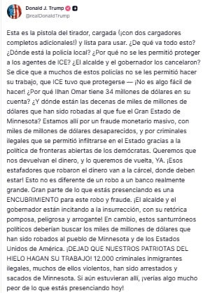 Trump acusa a autoridades demócratas de "incitar la insurrección" tras tiroteo en Minneapolis