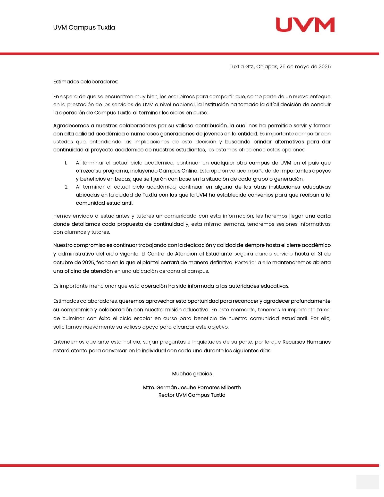 UVM cerró su campus en Chiapas