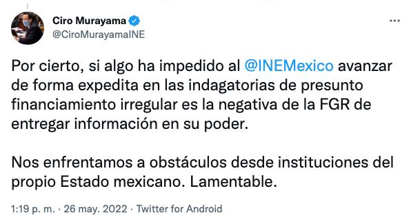 FGR no ha entregado información al INE, acusa Ciro Murayama