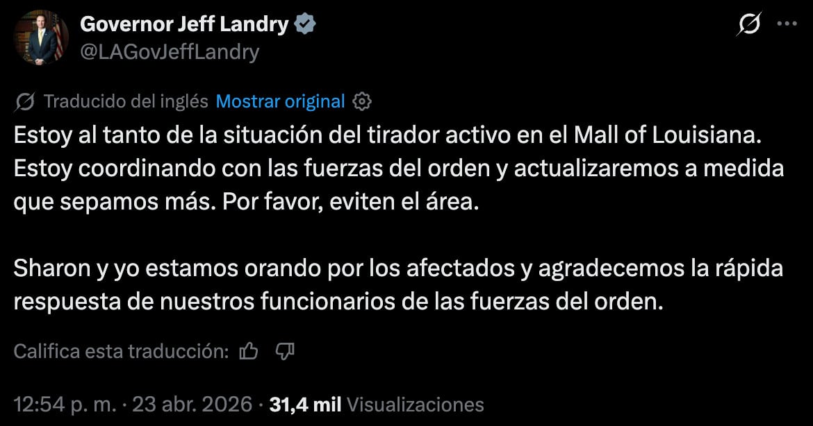 Gobernador de Louisiana está en contacto con autoridades tras tiroteo en centro comercial