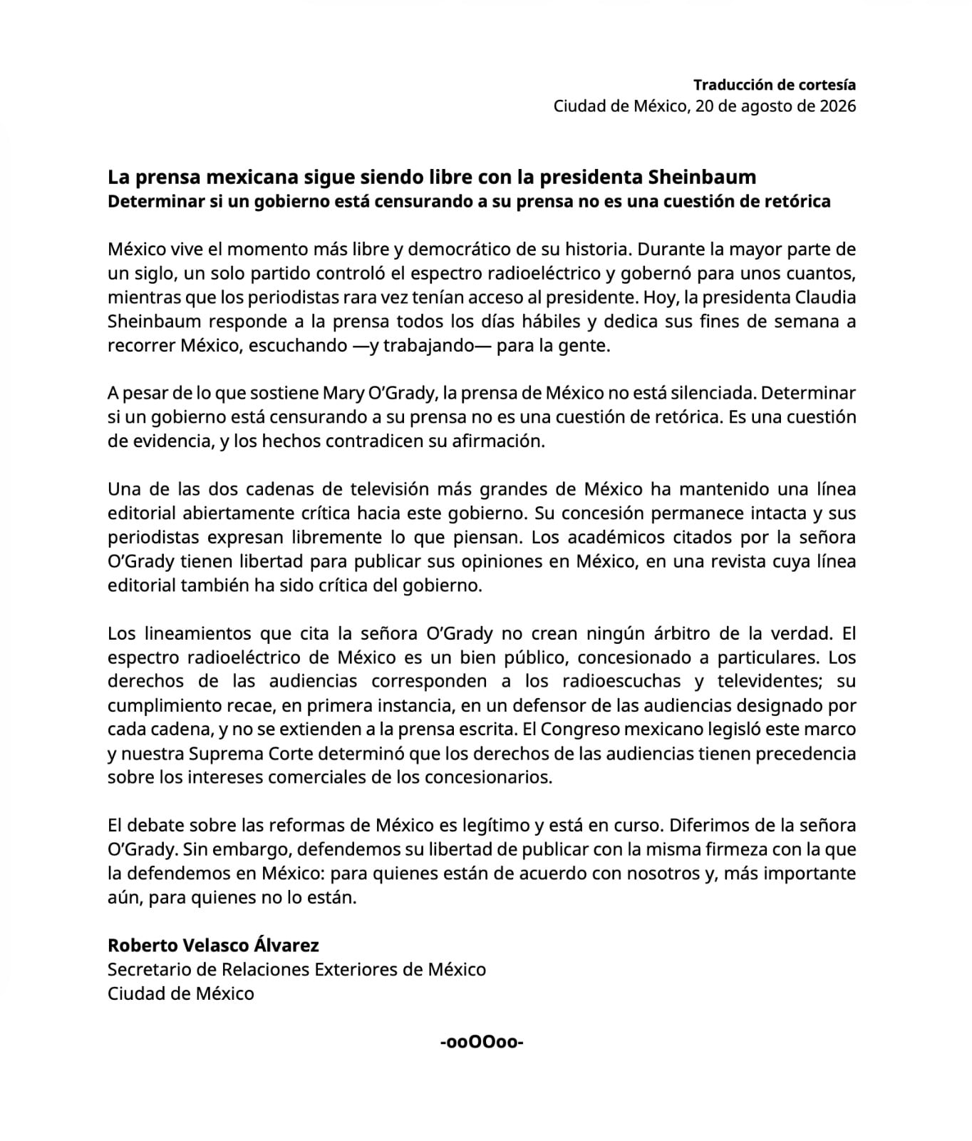 Roberto Velasco defiende a Sheinbaum ante el WSJ