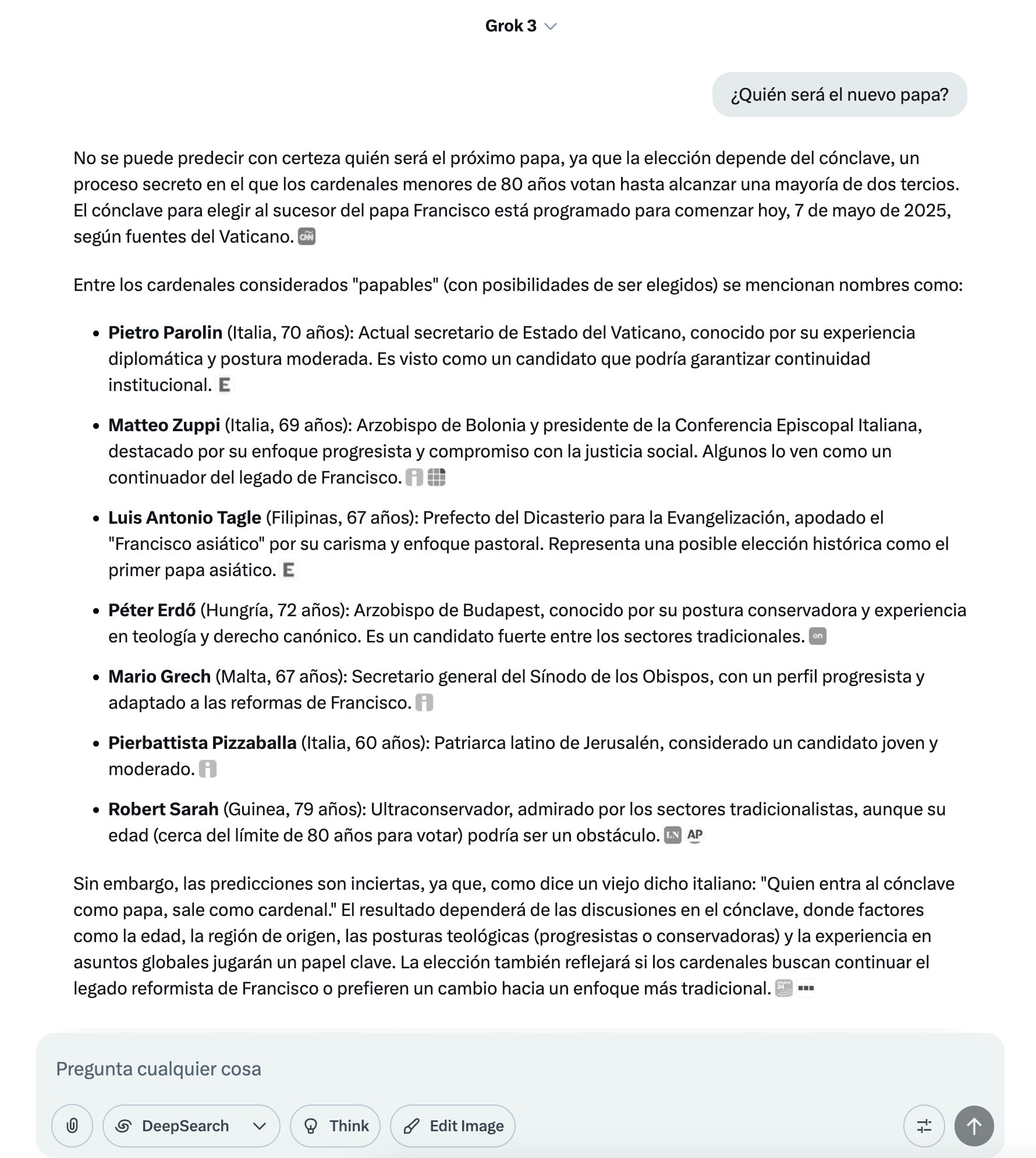 Predicción de Grok para el próximo papa en el cónclave 2025
