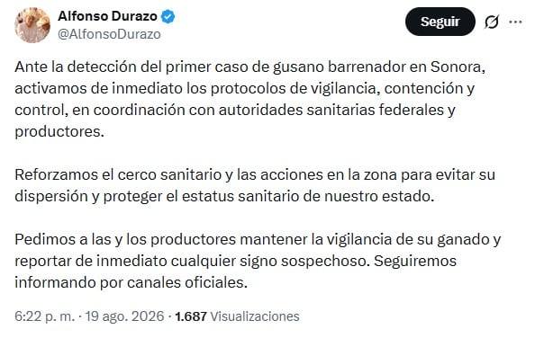 Alfonso Durazo activa protocolos tras primer caso de gusano barrenador en Sonora