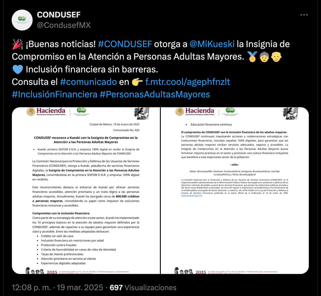 Condusef entrega reconocimiento a Kueski, app de préstamos en México, por esta razón