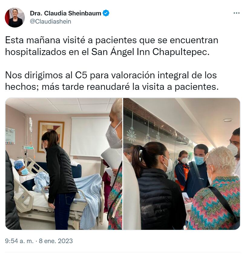 Claudia Sheinbaum sigue visitando hospitalizados en el hospital San Ángel Inn Chapultepec del accidente de Metro CDMX de la Línea 3