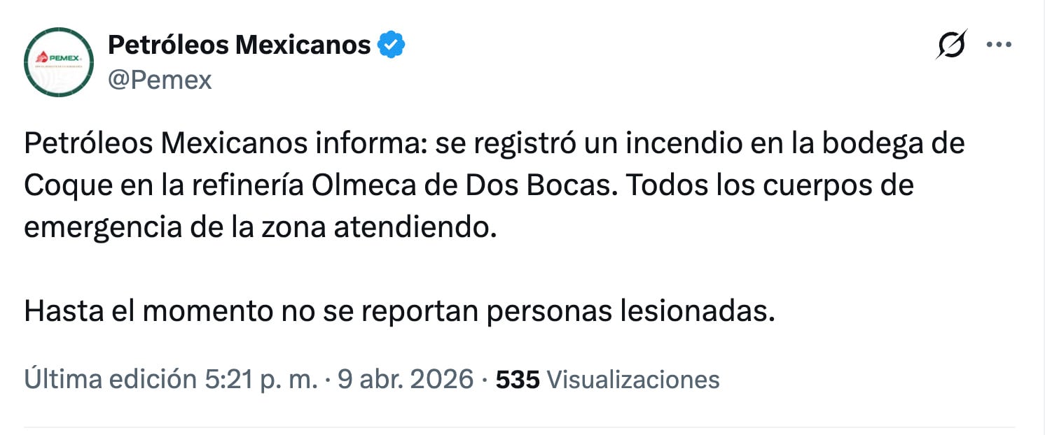 Pemex descarta lesionados por incendio en refinería Olmeca de Dos Bocas