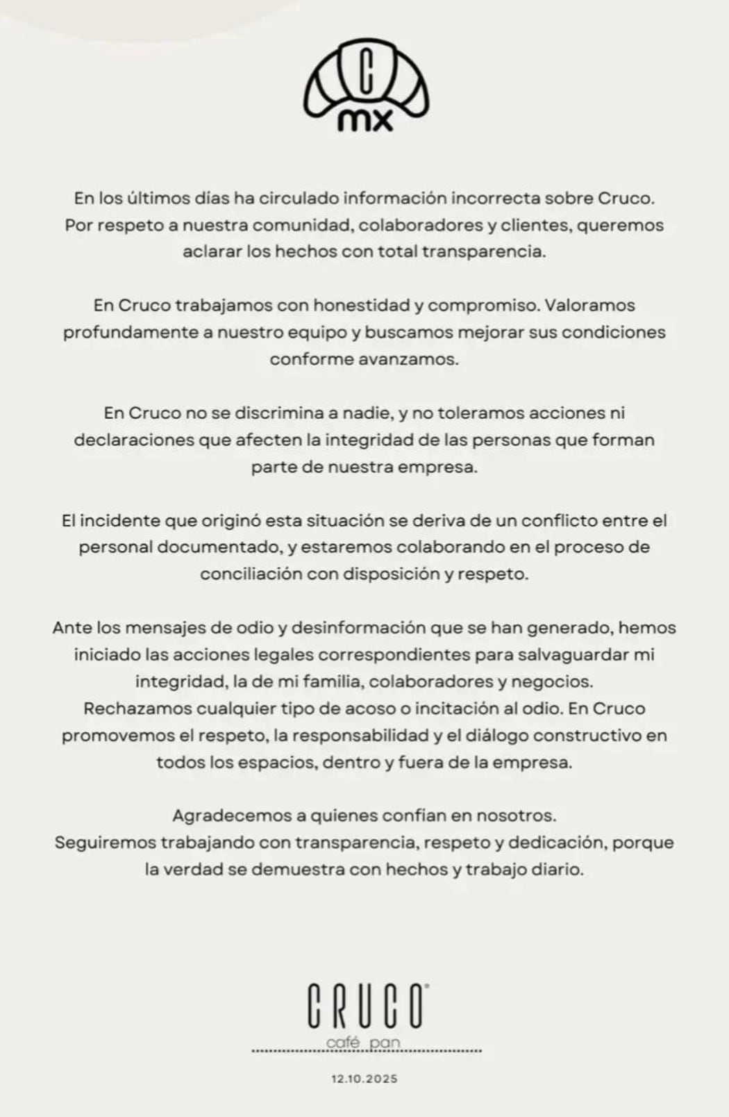 Comunicado de Cruco, cafetería y panadería en la colonia Nápoles de la CDMX