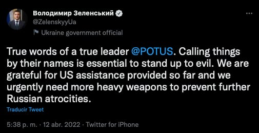 Volodímir Zelenski apoya declaraciones de Joe Biden sobre acusar a Rusia de "genocidio"/@ZelenskyyUa
