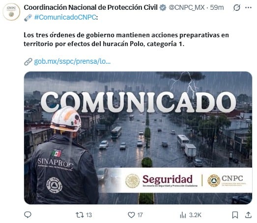 Huracán Polo: Protección Civil mantiene vigilancia en costas del Pacífico