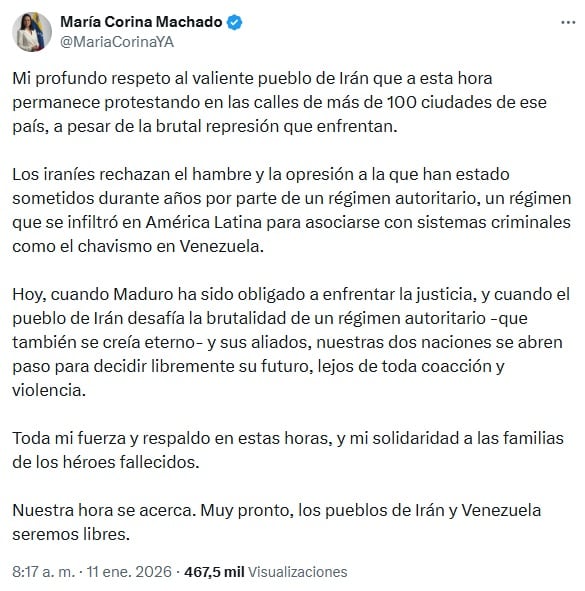 María Corina Machado compara la crisis en Irán con Venezuela y afirma: “pronto seremos libres”