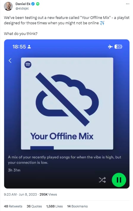 Tuit del CEO de Spotify hablando de la función “playlist sin conexión”