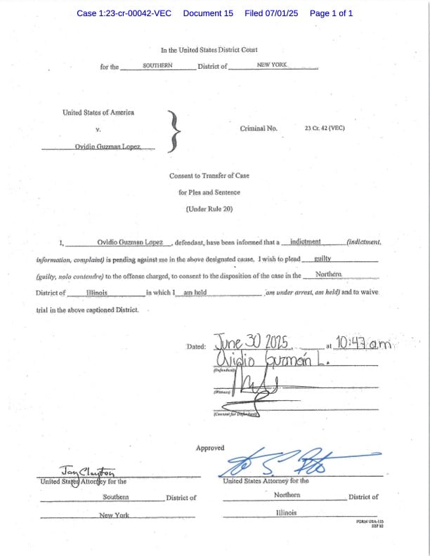 Ovidio Guzmán entrega carta firmada para declararse culpable de narcotráfico en corte de Estados Unidos