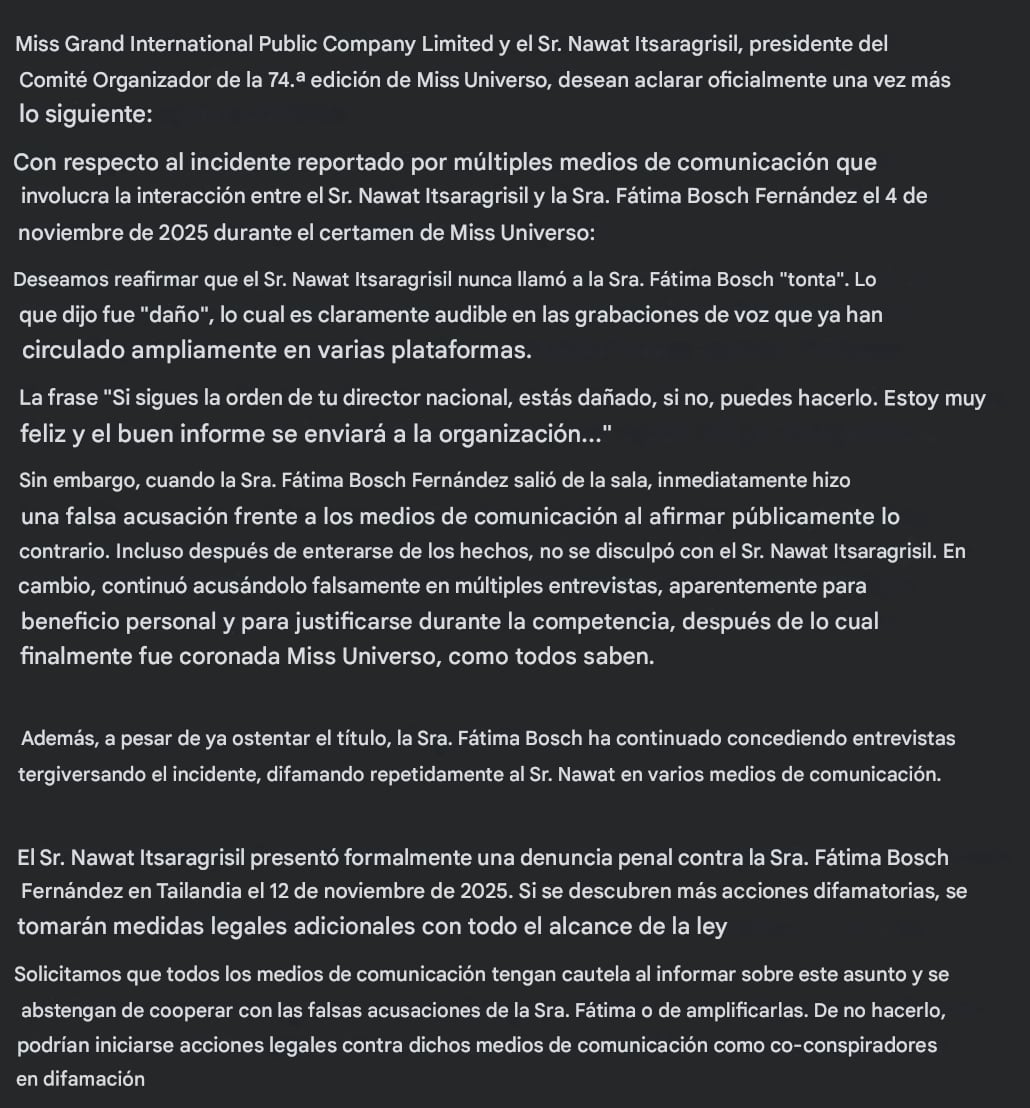 Nawat Itsaragrisil confirma demanda a Fátima Bosch tras polémica en Miss Universo 2025.