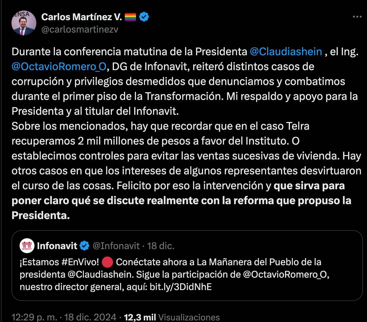 Carlos Martínez Velázquez respalda acusaciones de Octavio Romero