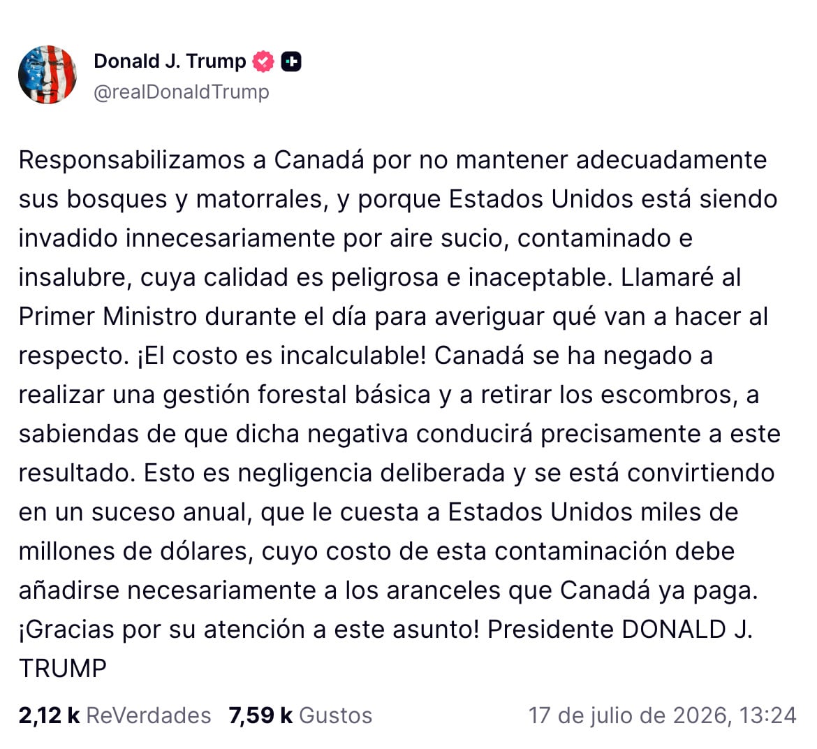 Trump plantea más aranceles a Canadá por incendios que afectaron a Estados Unidos