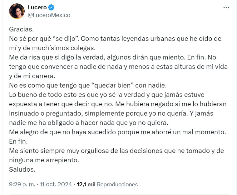 Publicación de Lucero  en X